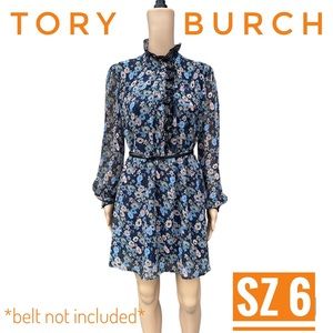 Tory Burch Deneuve Navy Blossom Ditsy Floral Ruffled Long sleeve mini Dress Sz 6